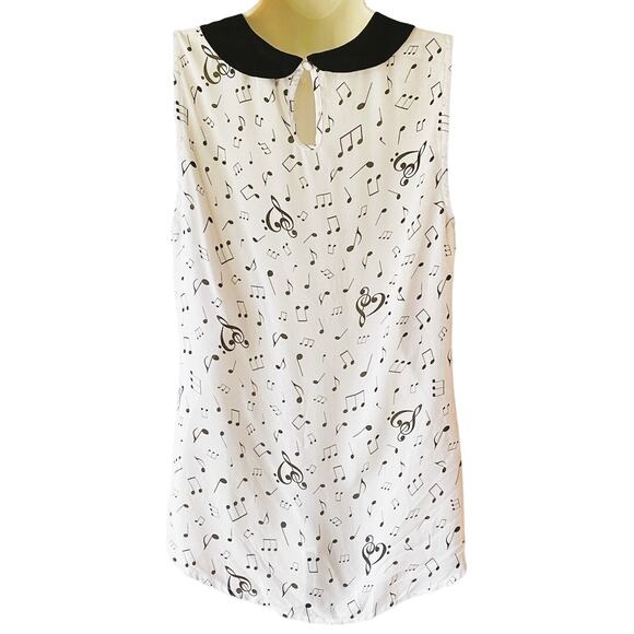 HOT TOPIC Music Note Peter Pan Collar Tie Front Sleeveless Chiffon Blouse ~ MED - Picture 5 of 8